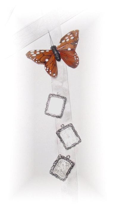 زفاف - DIY - Wedding Bouquet Memorial Triple Silver Square Monarch Butterfly Photo Ribbon Mini Charm