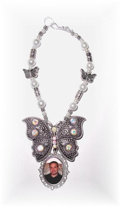 زفاف - Wedding Bouquet Memorial Photo Silver Butterfly Oval Metal Charm Gems Pearls Tibetan Beads - FREE SHIPPING