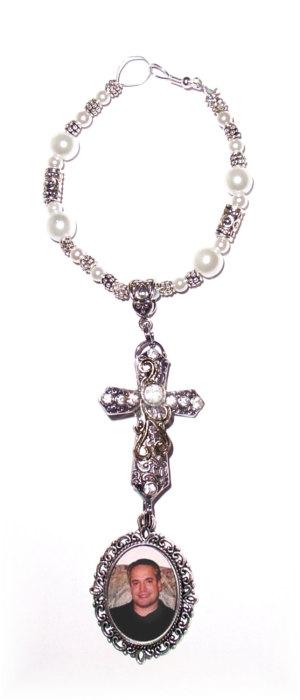 Hochzeit - Wedding Bouquet Memorial Photo Oval Metal Charm Filigree Cross Silver Crystal Gems Pearls Tibetan Beads - FREE SHIPPING