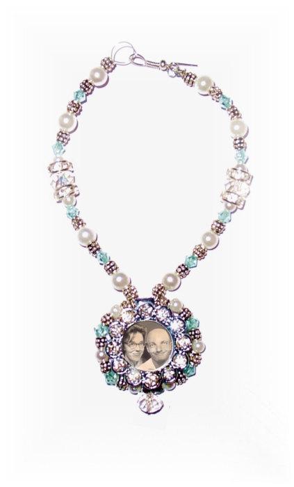 Свадьба - Double-sided Wedding Bouquet Memorial Photo Charm Baby Blue Crystal Gems Pearls Silver Tibetan Beads - FREE SHIPPING