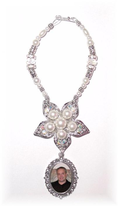 Wedding - Wedding Bouquet Memorial Photo Timeless Elegance Charm Crystal Gems Pearls Tibetan Beads - FREE SHIPPING