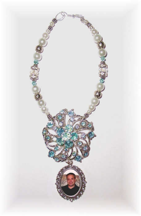زفاف - Wedding Bouquet Memorial Photo Old World Charm Crystal Turquoise Blue Gems Pearls Silver Tibetan Beads - FREE SHIPPING