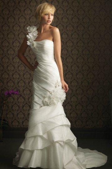 Hochzeit - One Shoulder Pick Up Court Train Ivory Taffeta Wedding Dress