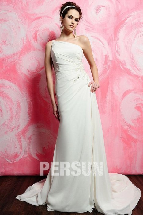 زفاف - One Shoulder Beading Ruched White Chiffon Wedding Dress