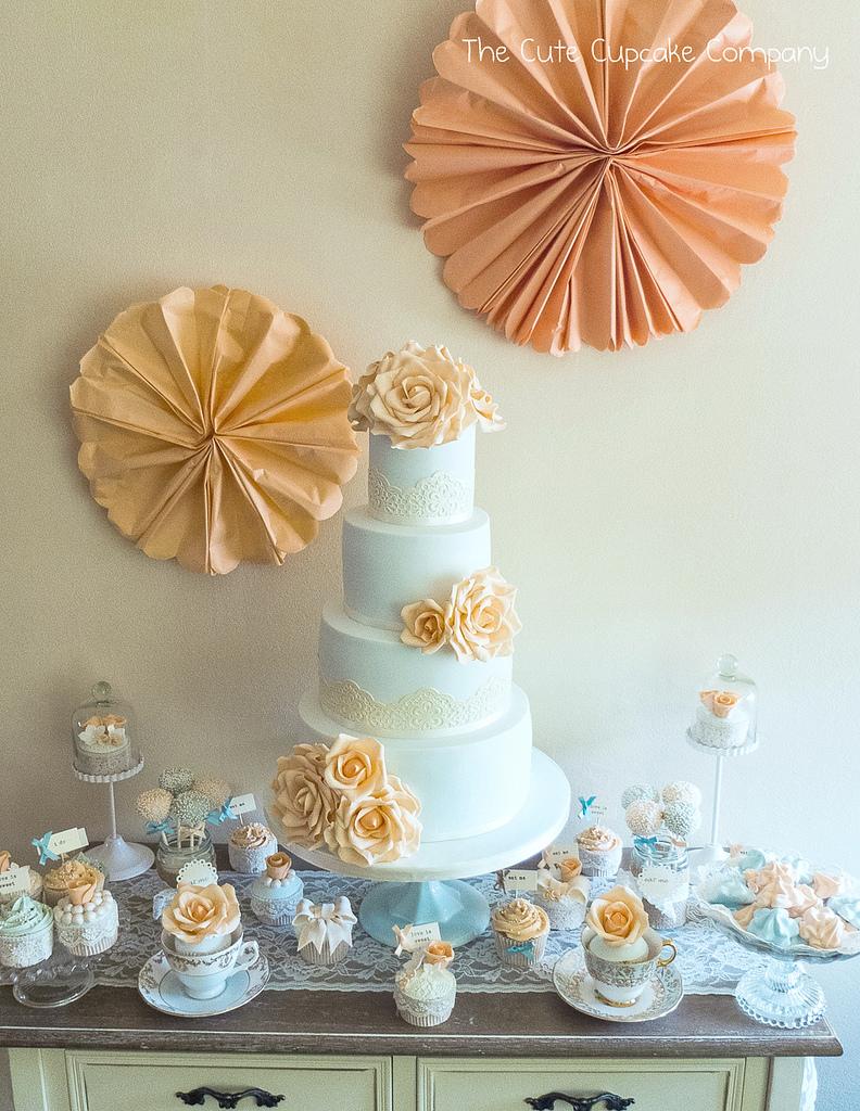 Wedding - Duck egg and peach cake table 2