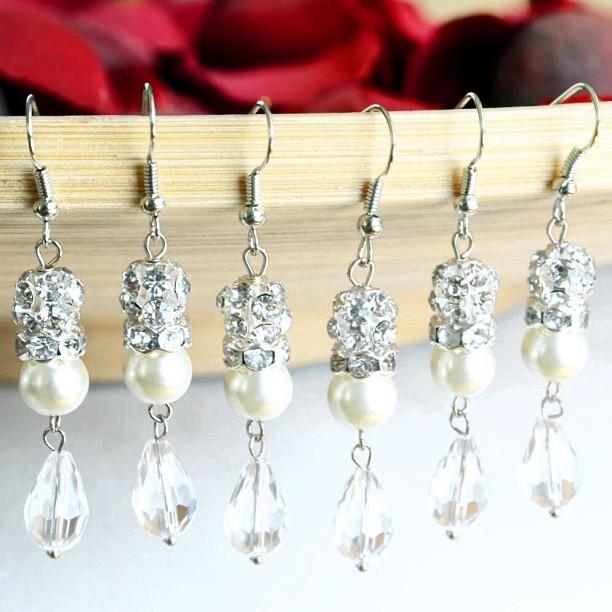 Wedding - Bridal & Bridesmaids Jewelry Set, Rhinestone Pearl Crystal Dangle Earrings & Necklace