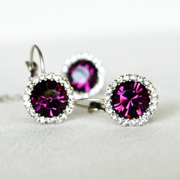 Wedding - Rhinestone Art Deco Purple Jewelry Set, Bridal & Bridesmaids Earrings & Necklace