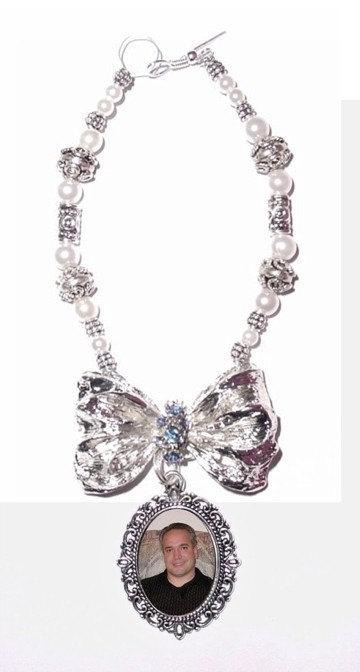 زفاف - Wedding Bouquet Memorial Photo Oval Metal Bow Charm Baby Blue Crystals Pearls Silver Tibetan Beads - Free Shipping