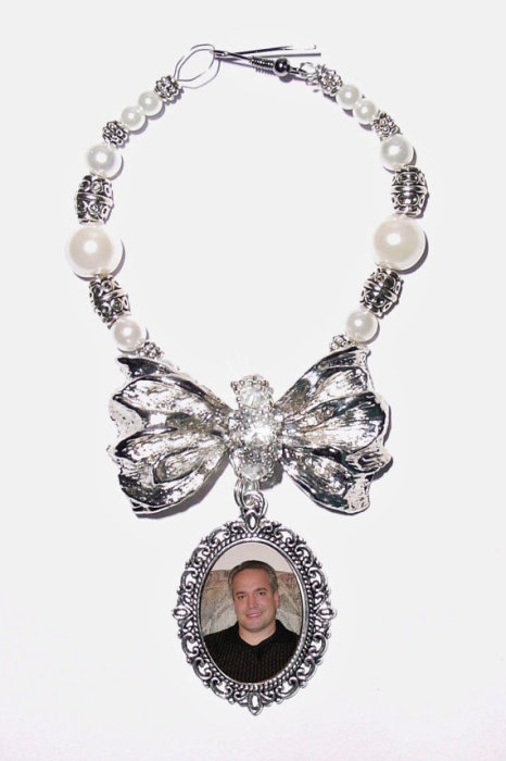 Свадьба - Wedding Bouquet Memorial Photo Oval Metal Bow Charm Crystal Gems Pearls Silver Diamond Tibetan Beads - FREE SHIPPING
