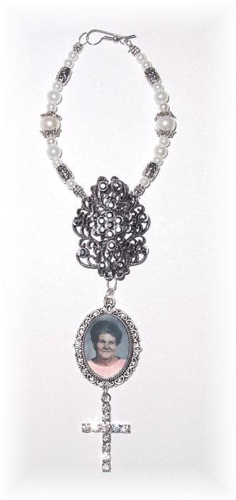 Hochzeit - Wedding Bouquet Memorial Photo Charm with Mirror Crystals Cross Pearls Tibetan Beads - FREE SHIPPING