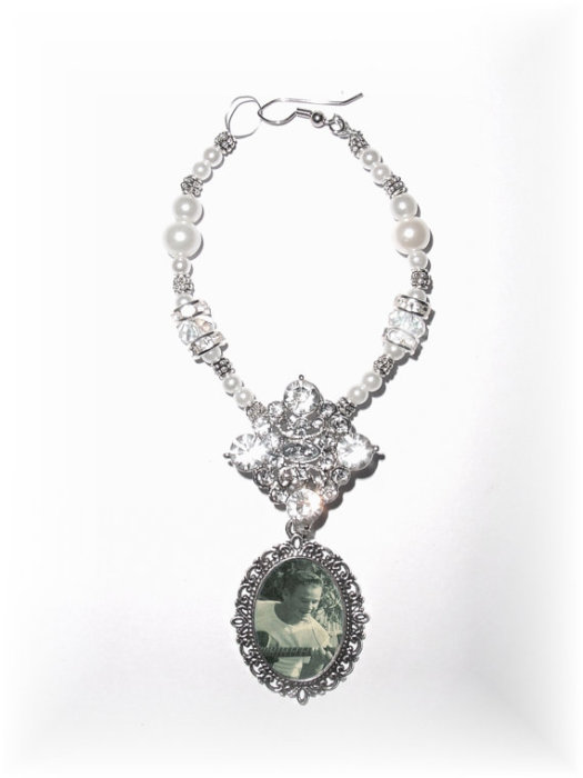 Свадьба - Wedding Bouquet Memorial Photo Old World Charm Crystal Gems Pearls Tibetan Beads - FREE SHIPPING