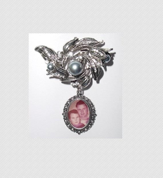 Hochzeit - Memorial Photo Brooch Silver Floral Crystal Gems Pearls - FREE SHIPPING