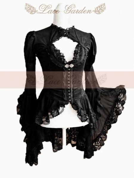 زفاف - Black Lace Long Sleeves Gothic Blouse