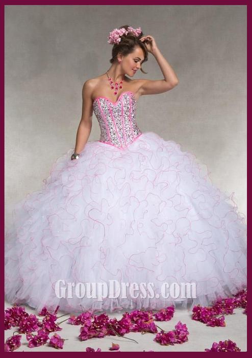 Wedding - Strapless Sequin Sweetheart Ruffled Contrasting Trim White Quinceanera Dress