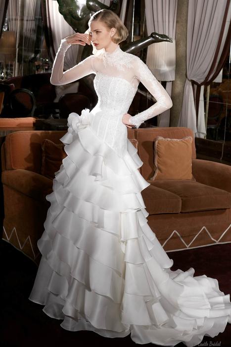 Wedding - High Neck Long Sleeves Lace And Tiered Organza Wedding Dress