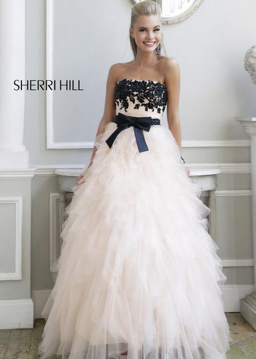 Hochzeit - White Full Ruffled Black Floral Embroidered Top Sherri Hill 4318 Dress