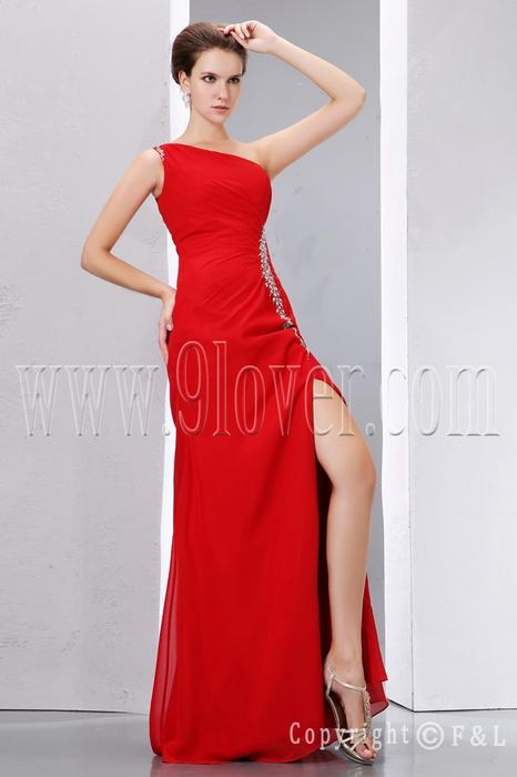 Mariage - Red One Shoulder Slit Chiffon Eveing Dress