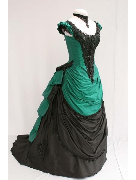Hochzeit - Green and Black Short Sleeves Victorian Bustle Ball Gown