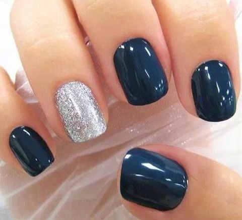 Wedding - Navy Blue Glitter Silver Holiday Nails 