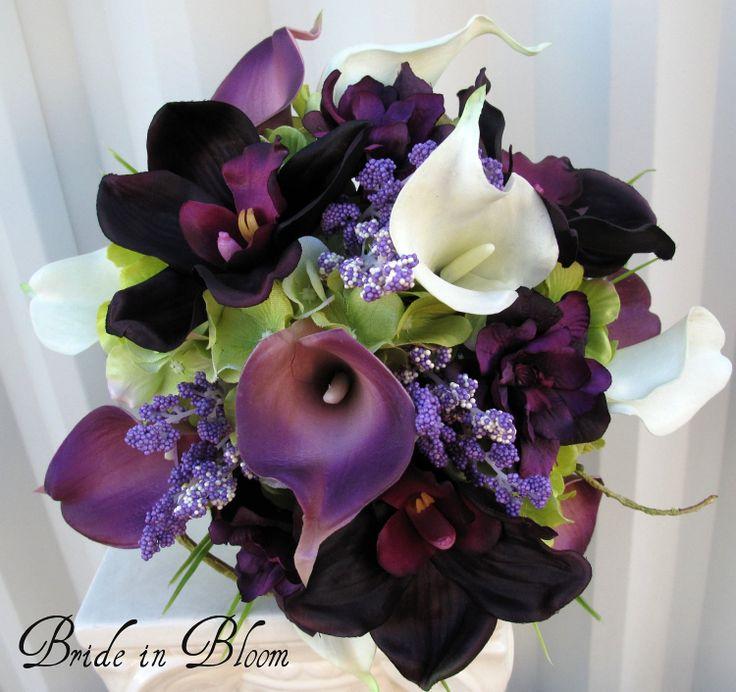 Wedding - Plum Wedding Bouquet - 3 Piece Set - Real Touch Wedding Flowers Calla Lily Orchid Bridal Bouquet