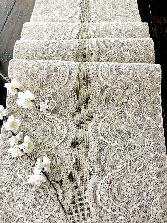 Свадьба - Wedding Table Runner With Beige Lace Rustic Chic Wedding Tablecloth, Burlap And Lace Table Runner, Handmade In The USA