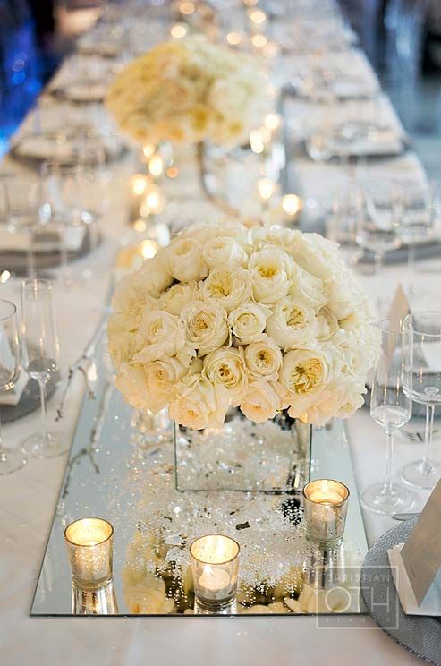 Wedding - White Roses, Swarovski Elements And Mercury Votive Holders Reflect Off A Long Mirrored Runner.