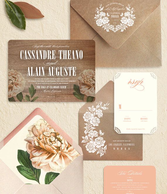 Wedding - Peach Peony Rustic Modern Wood Wedding Invitations