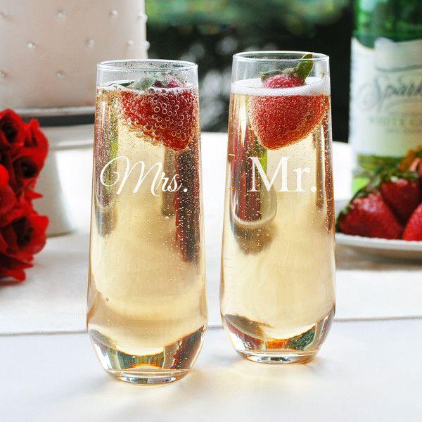زفاف - السيد السيدة Stemless الشمبانيا المزامير