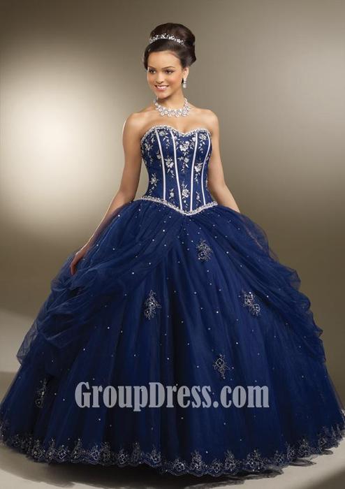 Wedding - Navy Embroidered Satin and Tulle Quinceanera Dress