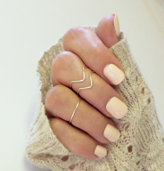 Wedding - Knuckle Ring Set Of 3 Handmade 2 Chevron 1 Band Adjustable Midi Stacking Dainty Gold Or Silver Tone