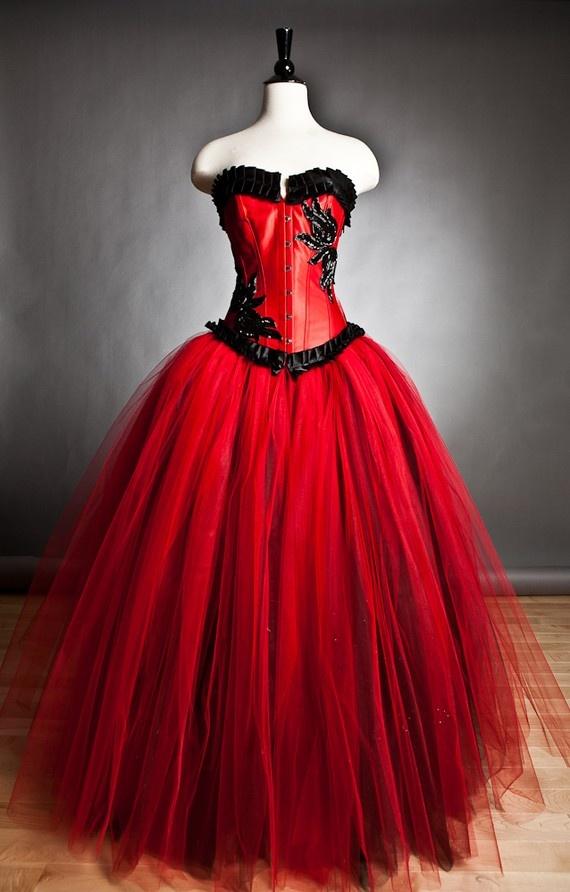 Mariage - Taille personnalisée rouge et noir Burlesque Corset robe de bal S-XL