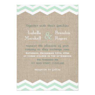 Wedding - Mint Chevrons On Burlap Wedding Invitation