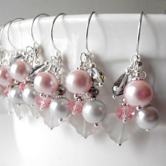 Wedding - Pink Bridesmaid Earrings Pink And Gray Bead Clusters Dangle Earrings Beaded Bridesmaid Jewelry Bridesmaid Gifts