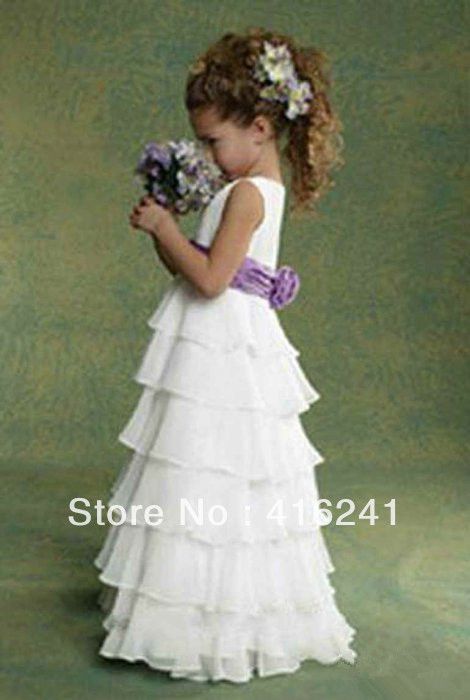Hochzeit - A Line Jewl Neck Sash Tiered Rüschen besetzte Chiffon bodenlangen Langblumenmädchen Kleid-Kind-Größen 2-14 Kids Kollektionen Gün