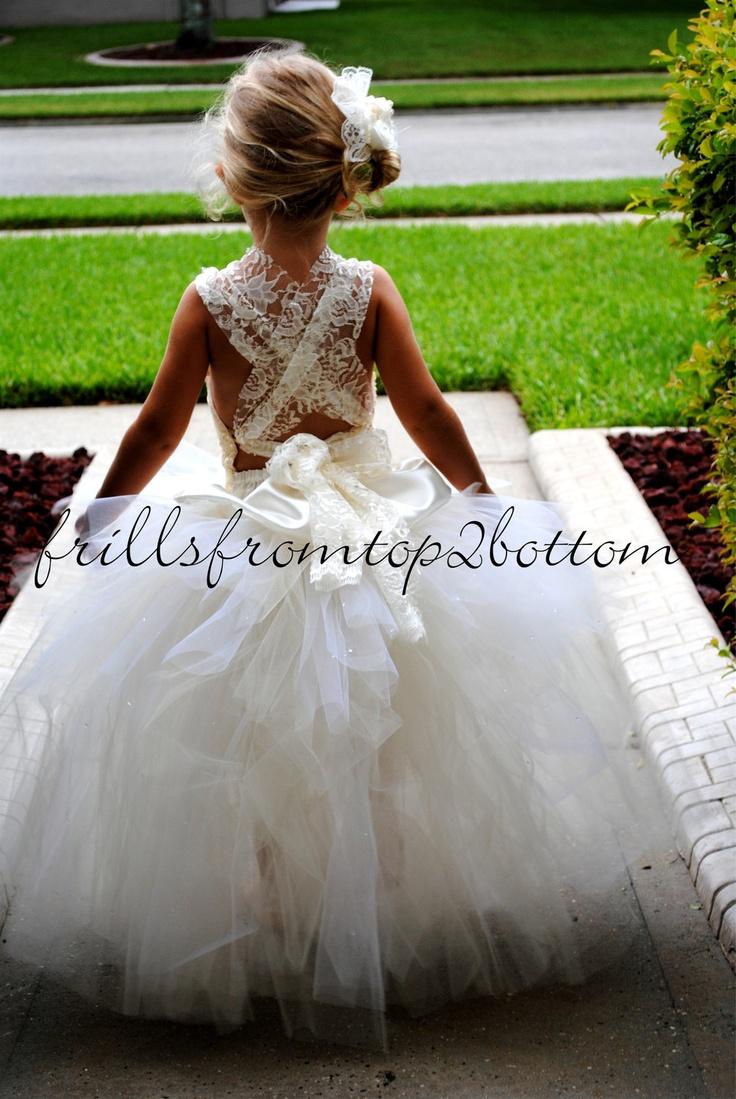 Wedding - Ivory Flowergirl Dress . Tutu Skirt . Halter Top W/ Lace Straps . Custom Made Hairclip . Sizes 12mo - 5T