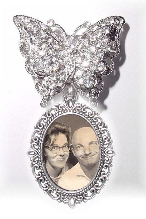 زفاف - Photo Charm Memorial Wedding Brooch 3D Butterfly Silver Photo Charm Clear Crystals Gems - FREE SHIPPING