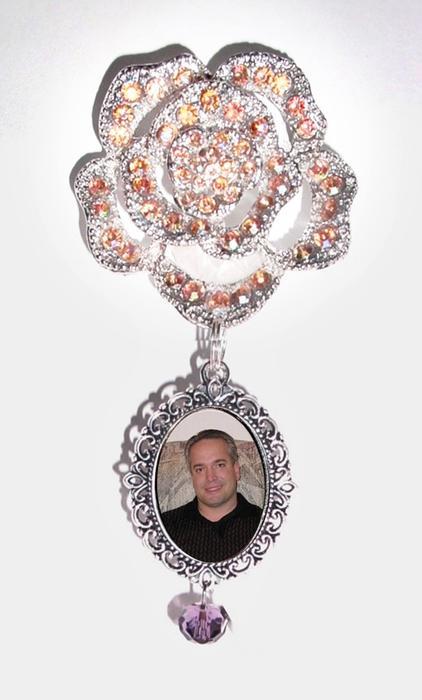 Wedding - Photo Brooch Charm Memorial Peach Crystal Gems Silver - FREE SHIPPING