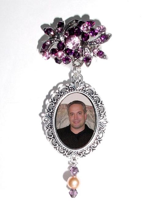 Wedding - Memorial Photo Brooch Oval Metal Charm Old World Plum Purple Peach Crystals Gems - FREE SHIPPING