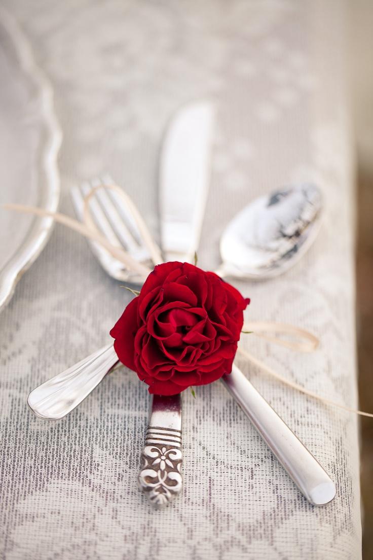 Wedding - Cutlery With Soft Ribbon & A Rose Bud. 