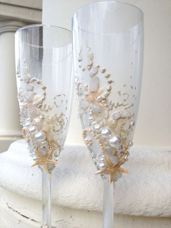 Hochzeit - Starfish Hochzeits-Champagner-Gläser, Strand-Hochzeit Toasten Flöten In der Elfenbein, Destination Hochzeitsempfang