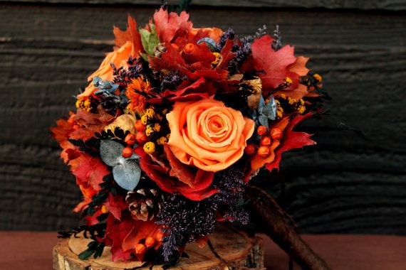 Wedding - Fall Wedding Bouquet, Autumn Wedding, Autumn Bouquet, Rustic Bouquet, Woodland Wedding, Bridesmaid Bouquet Orange Roses And Fall Foliage