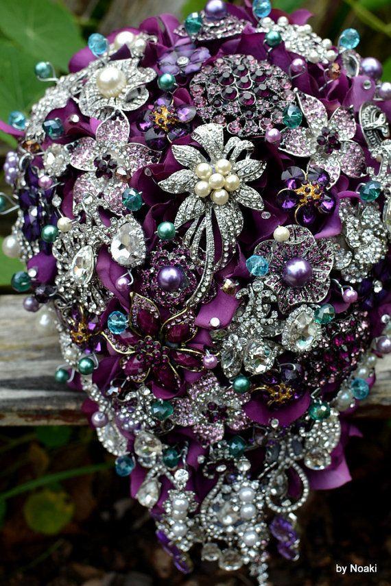 Wedding - Cascading Purple And Teal Wedding Bouquet-- Made To Order Brooch Bouquet