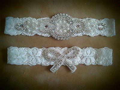 Wedding - Crystal Pearl Lace Bridal Garter Set 