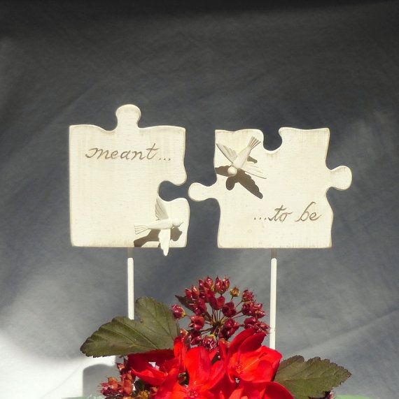 Wedding - Puzzle Piece Wedding Cake Topper With Love Birds, Wedding Cake Topper With Hand Carved Wood Puzzle Pieces In Antique White