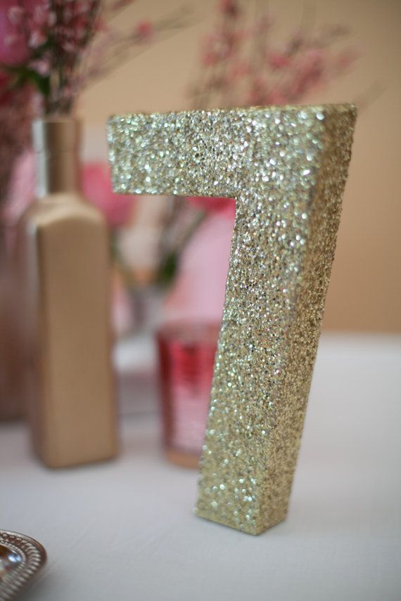 Wedding - Individual Glittered Wedding Table Numbers, Gold Sequins, Gold Glitter