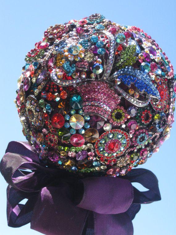 Wedding - Bridal Brooch Bouquet Rich Jewel Tones With Aubergine Ribbon Collar Big WOW Factor