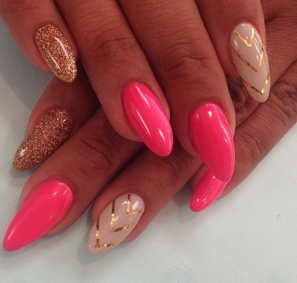 Wedding - Gold And Pink Stiletto Nail 