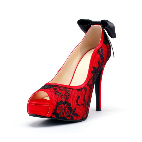 Red Wedding Heels With Back Bow, Red Wedding Shoes With Black Lace ...