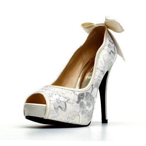 Wedding - White Lace Wedding Heel With Back Bow. White Wedding Shoe. White Shoes. Ready Made White Heels