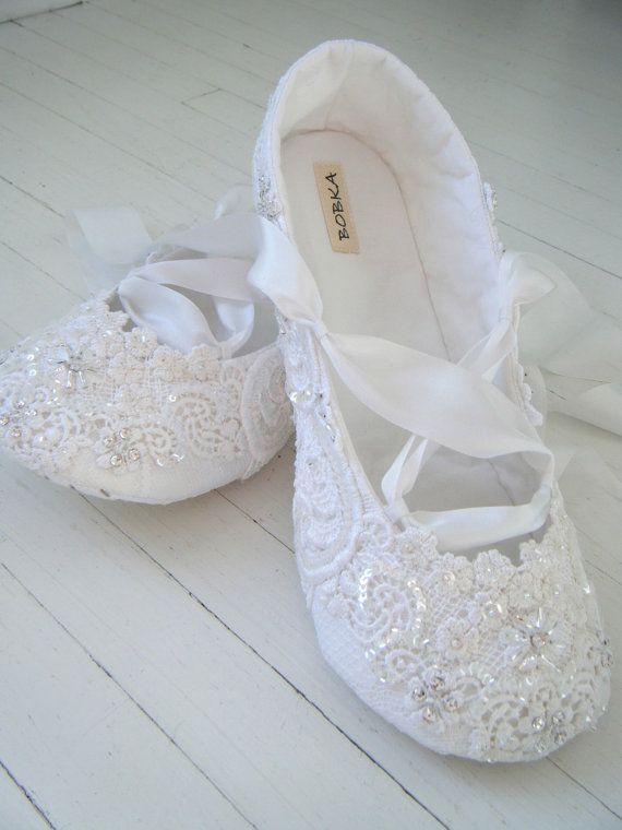 Wedding - Handmade Lace Bridal Flats, Crystal Ballet Shoes, Custom Made By BobkaBaby